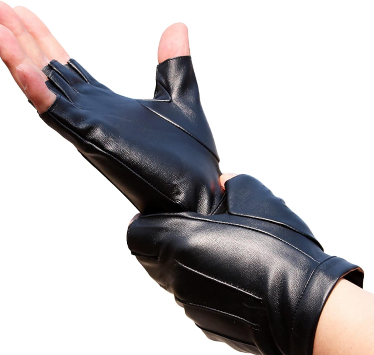 XUNQUCOM 2 Pairs PU Faux Leather Half Finger Gloves Fingerless Driving Gloves for Men Women image number 4