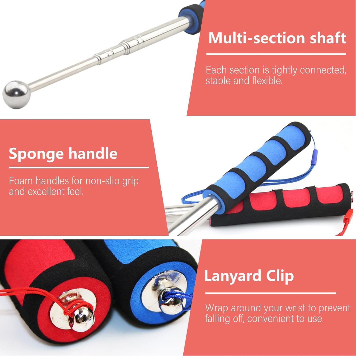 2Pcs 2M Handheld Telescoping Flag Pole with Clips, Portable Stainless Steel Flagpole Extendable Telescopic Flag Poles for Tour Guide Horse Training Festival, 2M