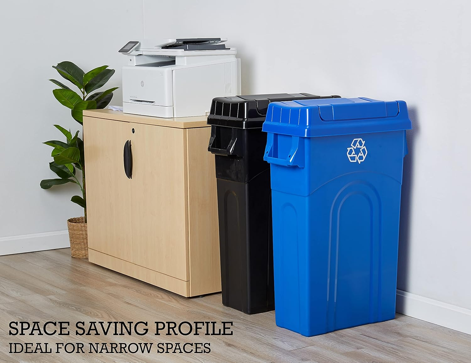 United Solutions Highboy Recycling Bin with Swing Lid, 23 Gallon, Space Saving Slim Profile and Easy Bag Removal, Handles for Easy Carrying, Indoor/Outdoor Use, Recycle Blue image number 3