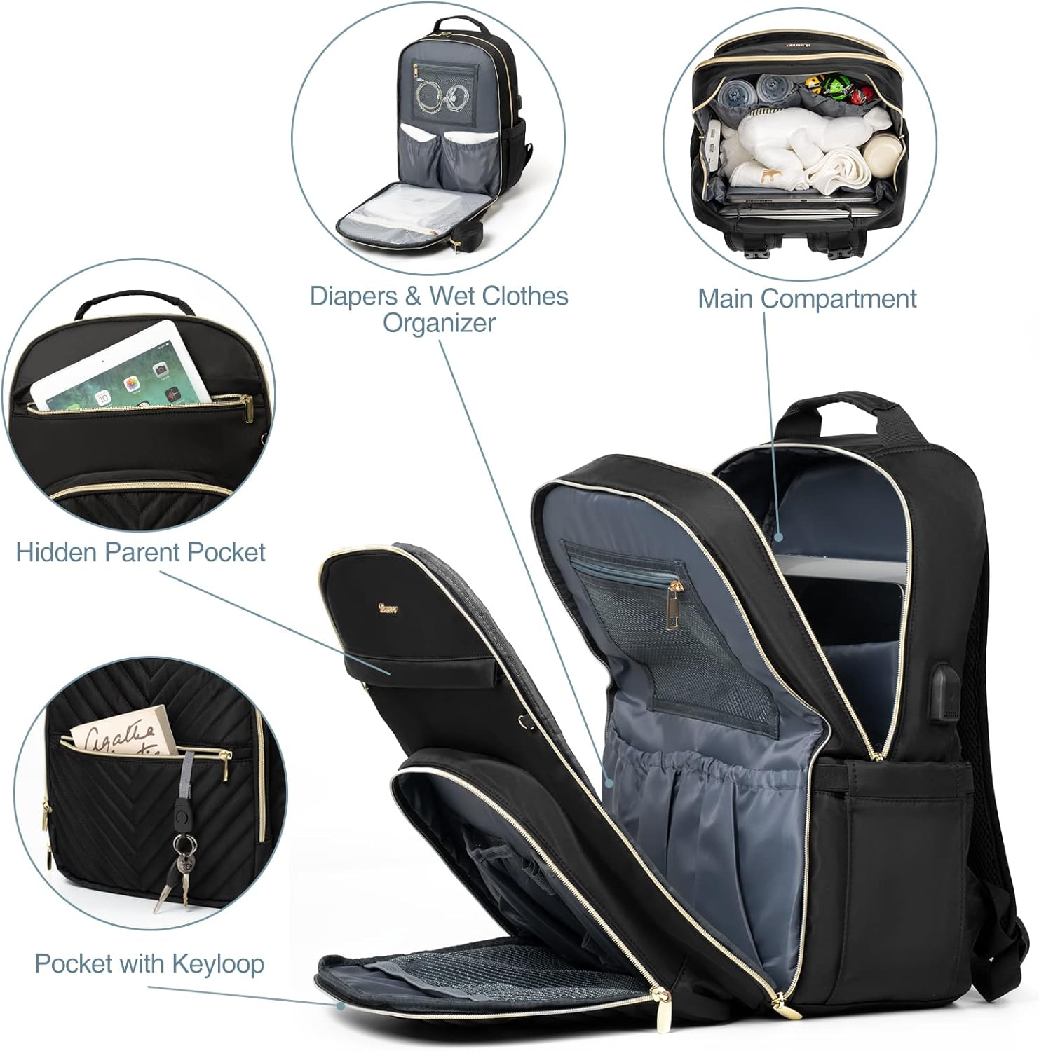 MOMUVO Diaper Bag Backpack, Quilted Baby Bag with Changing Pad & Stroller Straps & Pacifier Case, Large Travel Diaper Bags image number 6