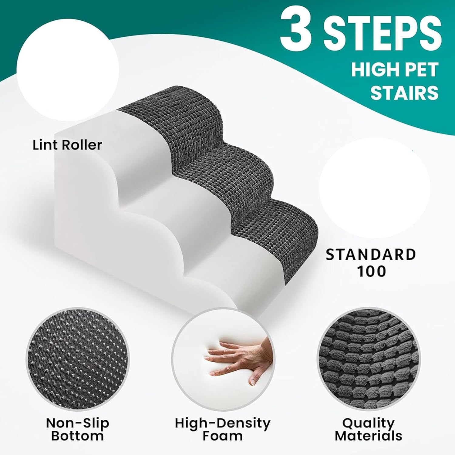 Dog Stairs for Small Dogs Ramp for Couches Bed Extra Wide Pet Steps with Durable Non-Slip Waterproof Fabric Cover(Grey,3Steps)