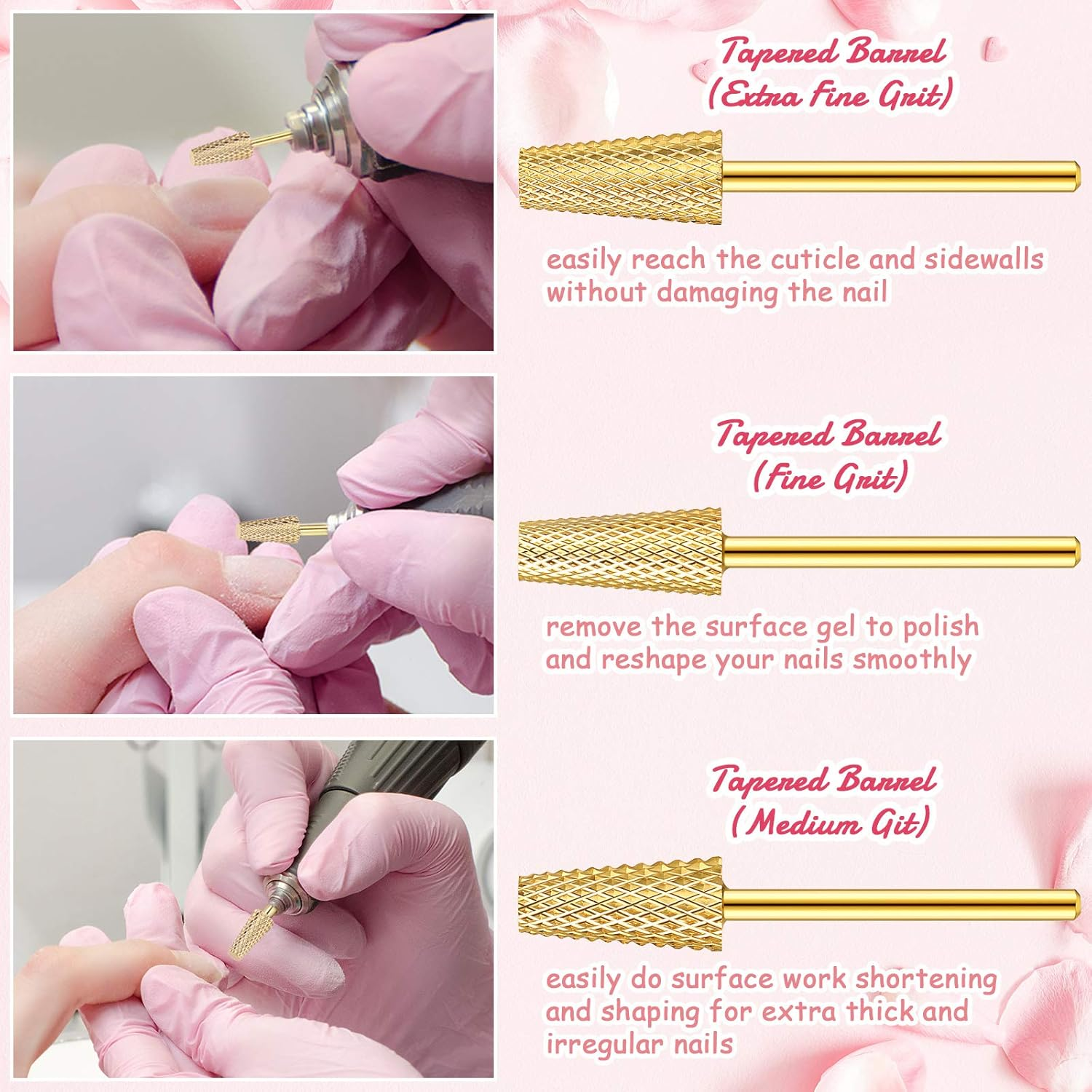 3 Pieces Tapered Barrel Carbide Nail Drill Bit, 3 Sizes Carbide Nail Drill Bit Acrylic File Cuticle, Art Tools for Gel Manicure Pedicure(Xf, F, M,Gold)