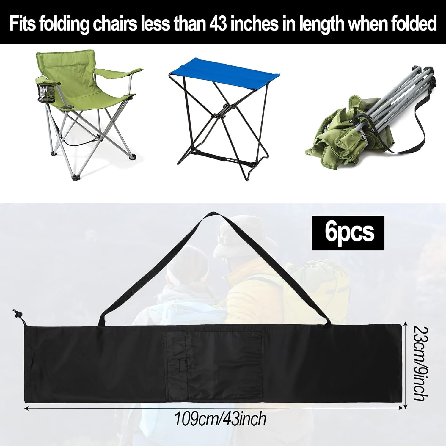 PEUTIER 6Pcs 43X9In Camp Chair Replacement Bag, Foldable Folding Chair Storage Bag with Carrying Strap & 2 Pockets Portable Camping Chair Bag for Outdoor Travel (Chair Is Not Included) image number 3