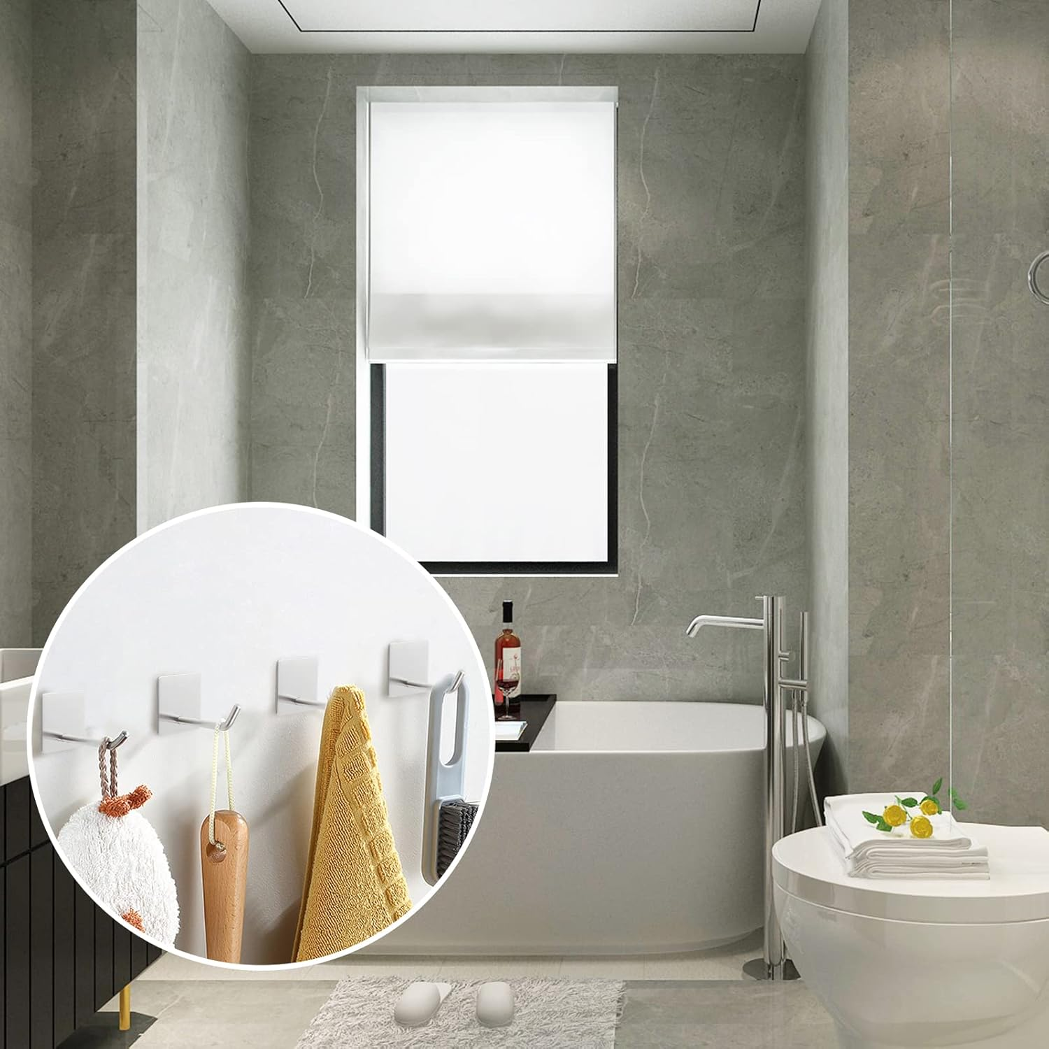 LIOUCBD 4PCS Adhesive Sticky Wall Hooks Heavy Duty, Long Stainless Steel Towel Hooks for Hanging Kitchen Bathroom Home, Waterproof Hook Wall Hanger Holder for Key Hat Coat Bag (White) image number 2