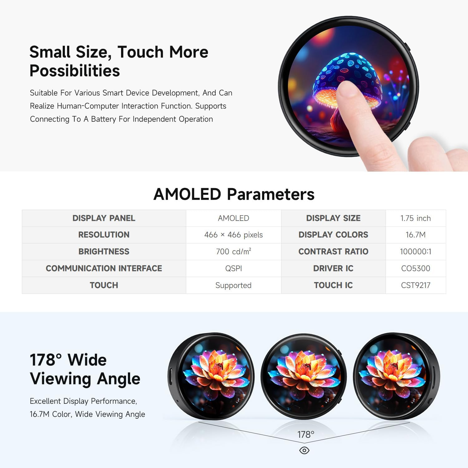 Waveshare ESP32-S3 1.75Inch AMOLED round Touch Display Development Board, 32-Bit LX7 Dual-Core, 466&times;466, QSPI, Dual Digital Microphones Array, ESP32 with Display, with Case image number 2