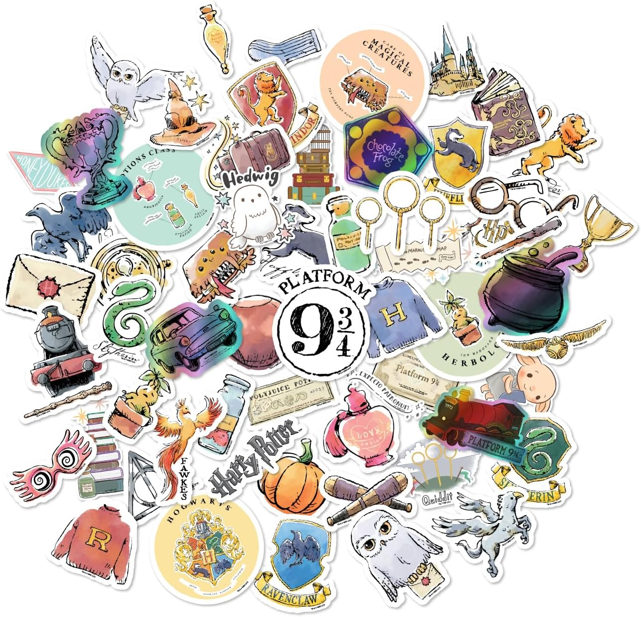 Conquest Journals Harry Potter Watercolor Vinyl Stickers, Set of 60 Unique Stickers Including 5 Holograms, Waterproof and UV Resistant, Great for All Your Gadgets, Potterfy All the Things image number 1