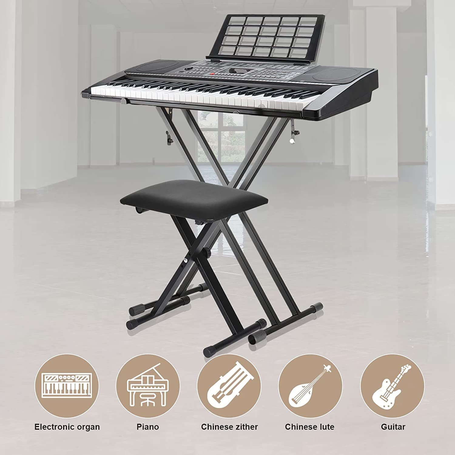 Piano Keyboard Stand Double Braced Adjustable X Style Digital Piano Stand with Locking Straps (Fits 54-88 Key Electric Pianos) - Stand  Bench image number 6