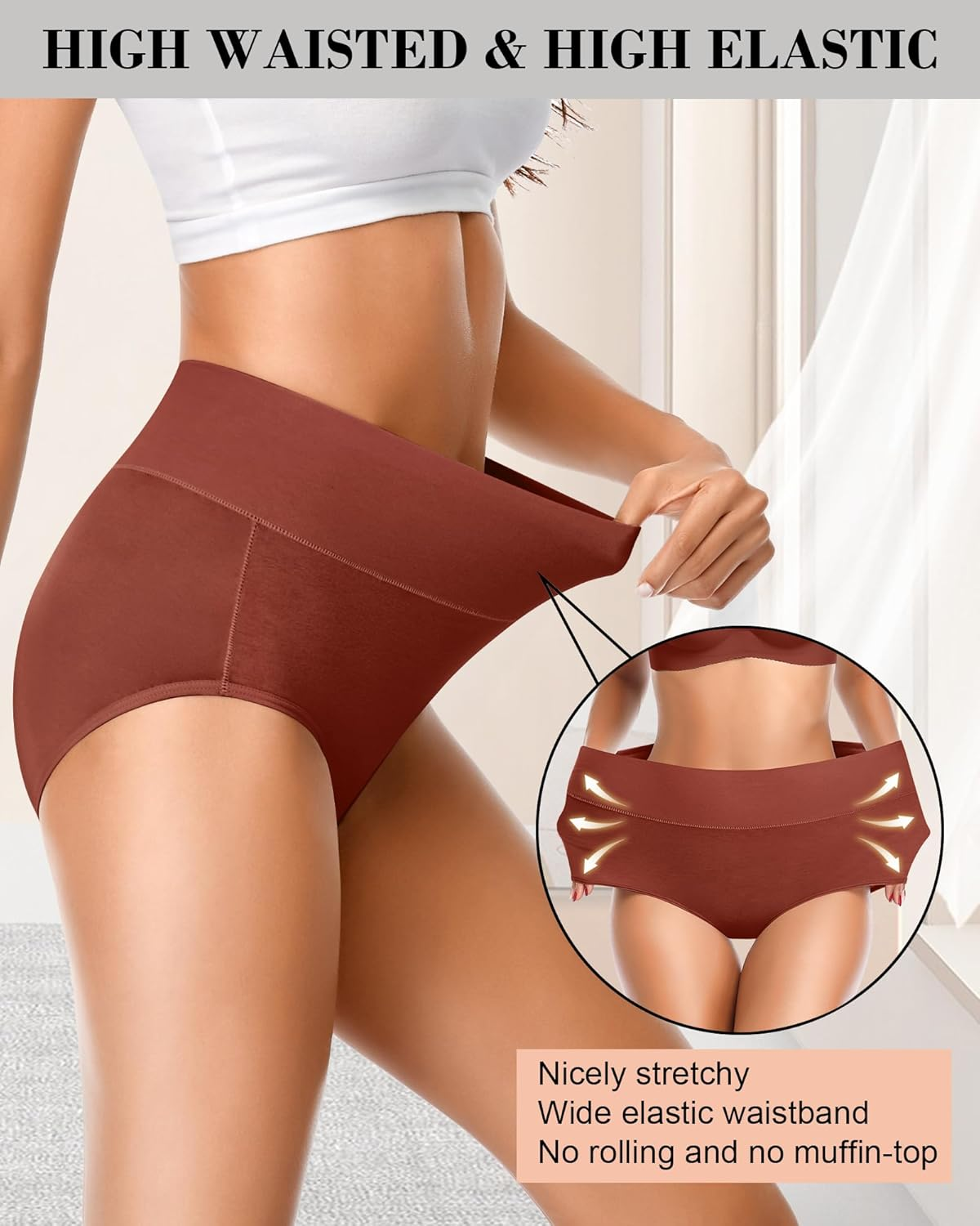 High Waisted Underwear for Women Cotton No Muffin Top Full Coverage Briefs Soft Stretch Ladies Panties 5 Pack image number 3