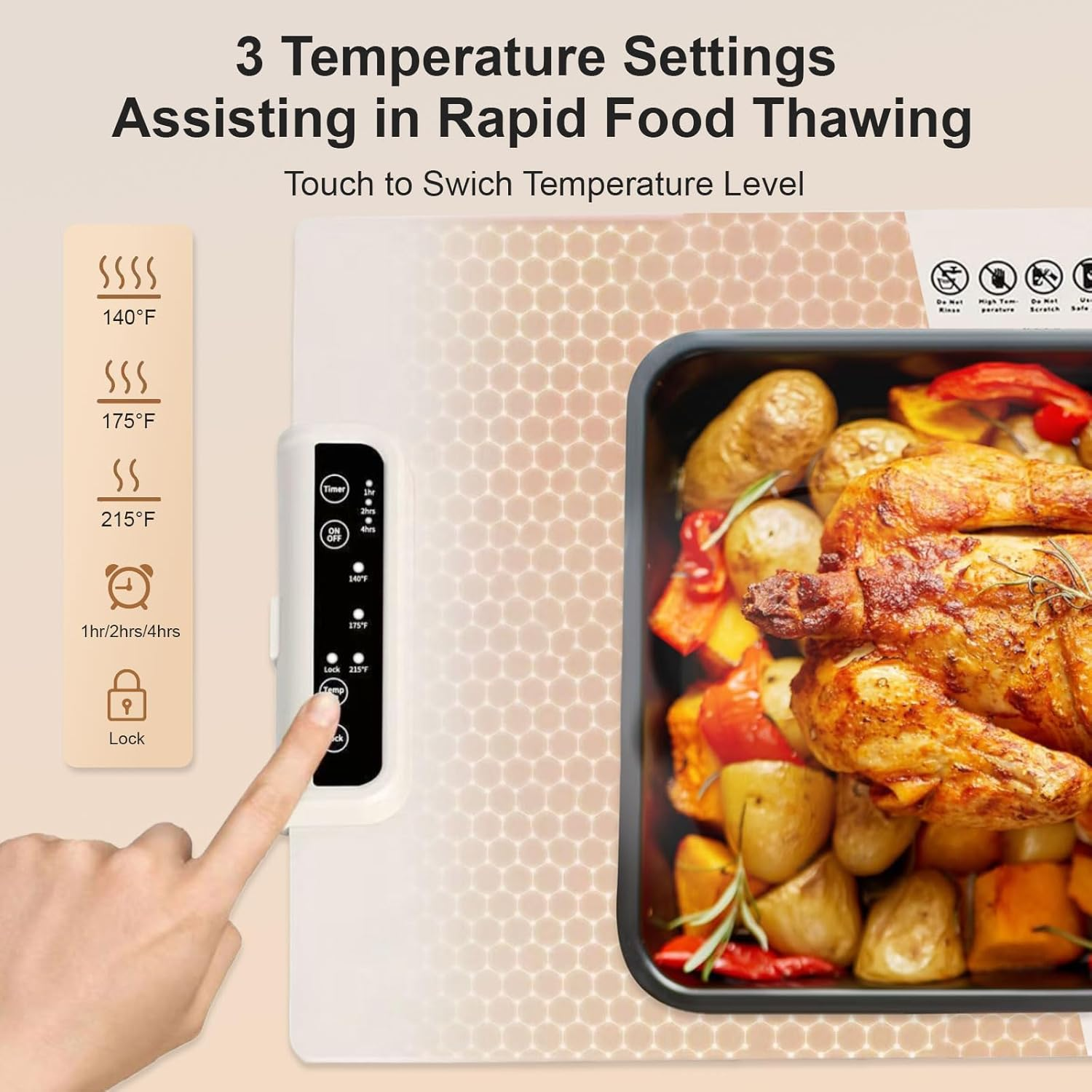 Zurligi Electric Food Warming Mat, with 2 Kitchen Towels, 61X38 Cm Portable & Rollable Silicone Warming Tray, Full Surface Heating, 3 Temperature Settings (60&deg;C/80&deg;C/100&deg;C)- Australian Plug - White image number 4