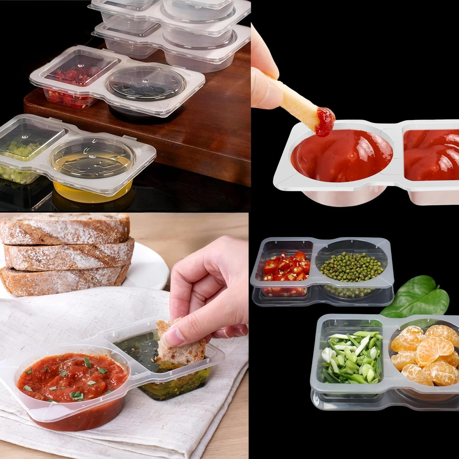 30Pcs Double Compartment Condiment Container with Lids,2 Compartment Snack Containers,Portable Reusable Sauce Container,Containers for Condiment, Dip, Sauce, Sampling and Travel Snacks image number 3