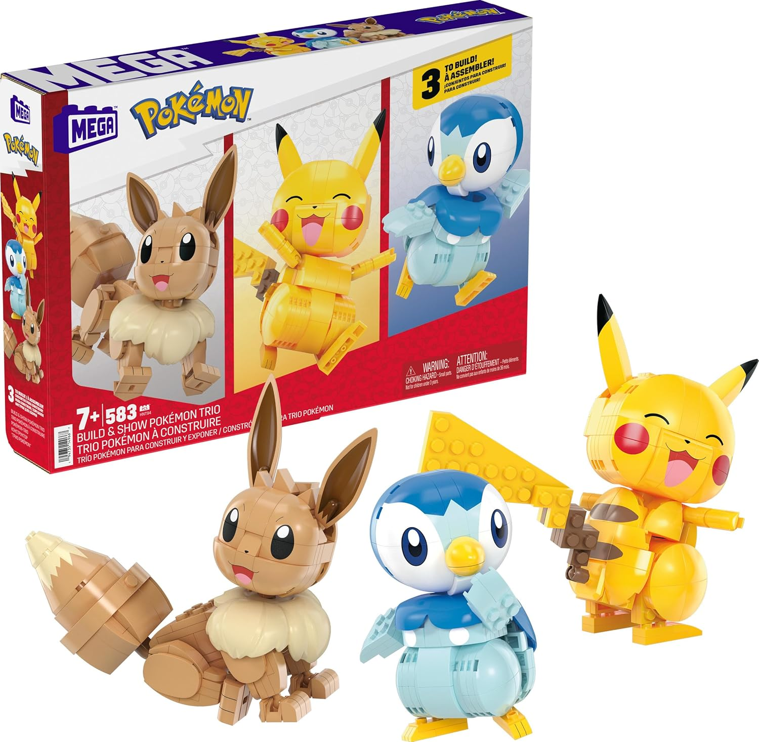 MEGA Pokemon Action Figure Building Toys, Build & Show Trio with 583 Pieces, Buildable and Poseable Pikachu Piplup Eevee, for Kids image number 5