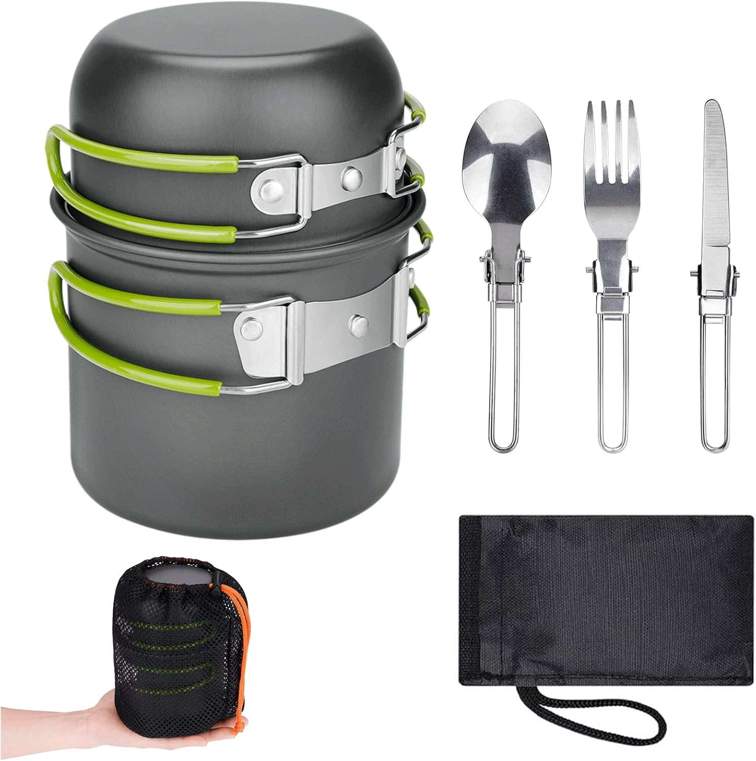 Camping Cookware Set, Camping Pot Made of Aluminium, Outdoor Cookware with Foldable Cutlery, Camping Tableware for 2 People, Camping Tableware for Hiking, Fishing, Picnic, FDA Certified image number 1