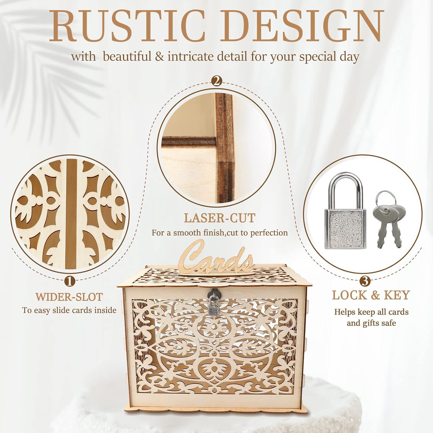 Dylvan Rustic Natural Wood Card Box with Lock, Perfect for Weddings, Baby Showers, Birthdays, Graduations, Holds 225 Cards