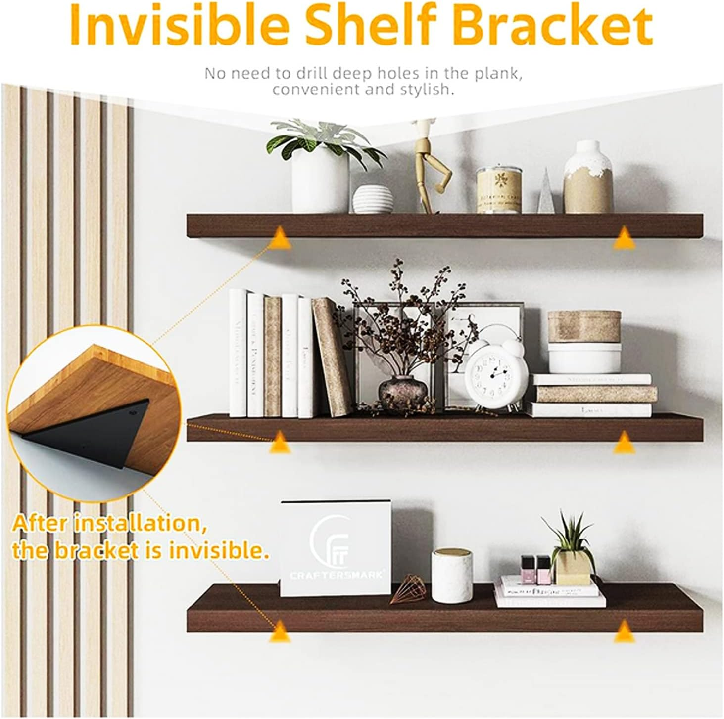 Halyuhn Floating Shelf Bracket 8 Pcs for Floating Wood Shelves, 4 X 3 Inches Black Floating Shelves Brackets with 2 Inches Anchor Screws, Shelf Brackets Set for Wood Shelf, Floating Shelf Hardware image number 4