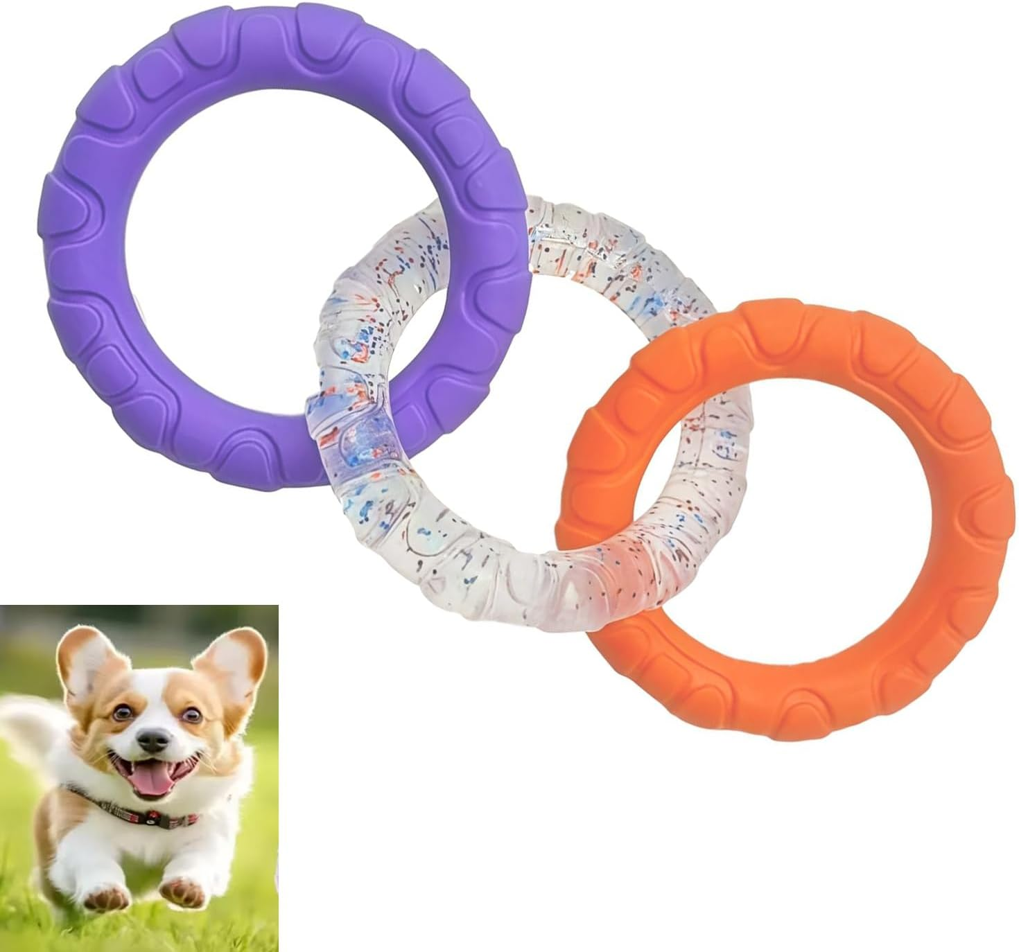 Roczential 3-Ring Dog Chew Toy, Indestructible Rubber Dog Toys, Puppy Teething Rings Toys for Small Medium Large Dogs (Yellow + Transparent + Purple)