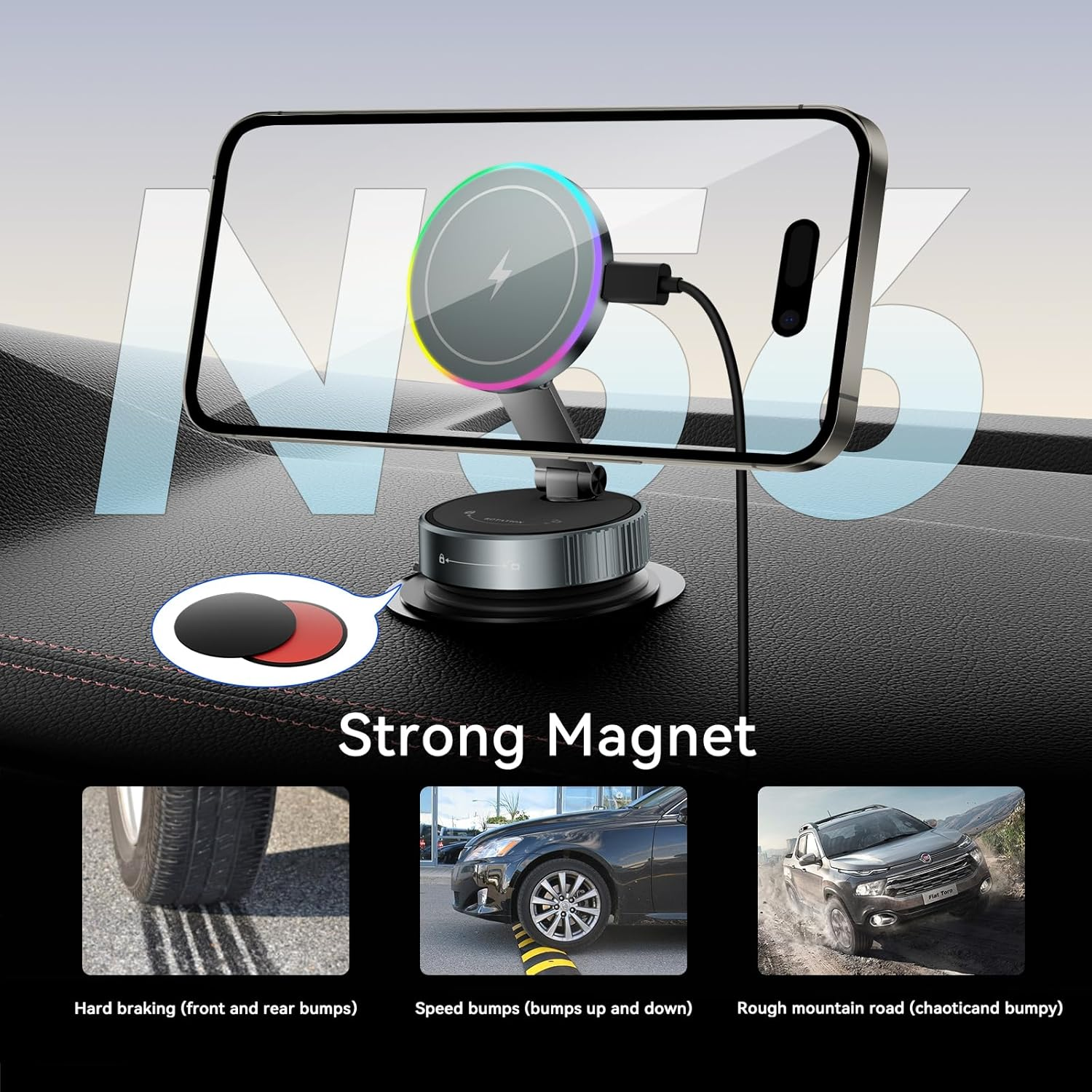 Cloudvalley for Car Mount Charger, 15W Wireless Rapid Charging & 360&deg; Rotating Vacuum Suction Cup, Magnetic Phone Holder with RGB Light, Compatible with Magsafe, Iphone 16/15/14/Dash/Windshield/Screen