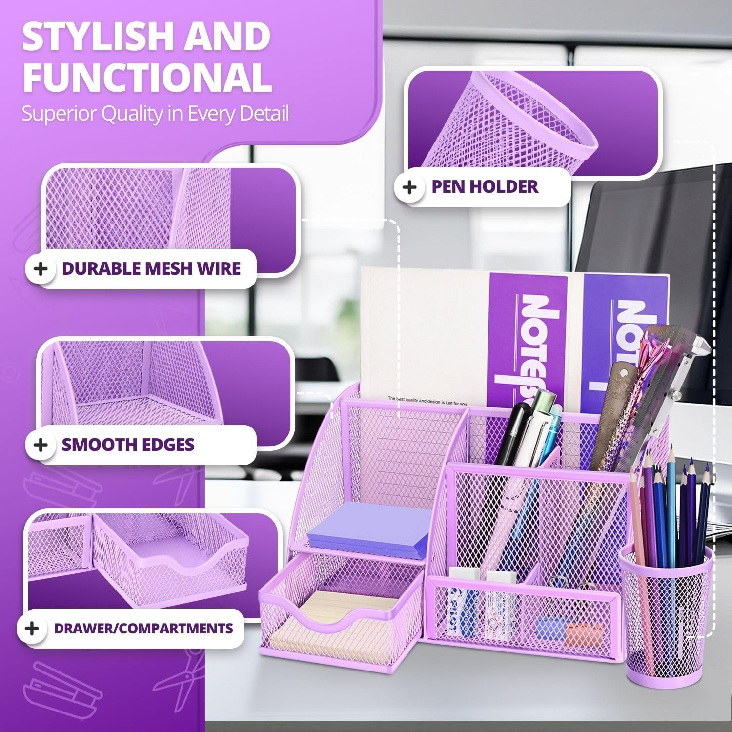 Flexzion Metal Mesh Office Supplies Organizer Caddy with 6 Compartments, Drawer and Pen Holder - Purple Desk Accessories Set for Women, Men, Students - Purple image number 4