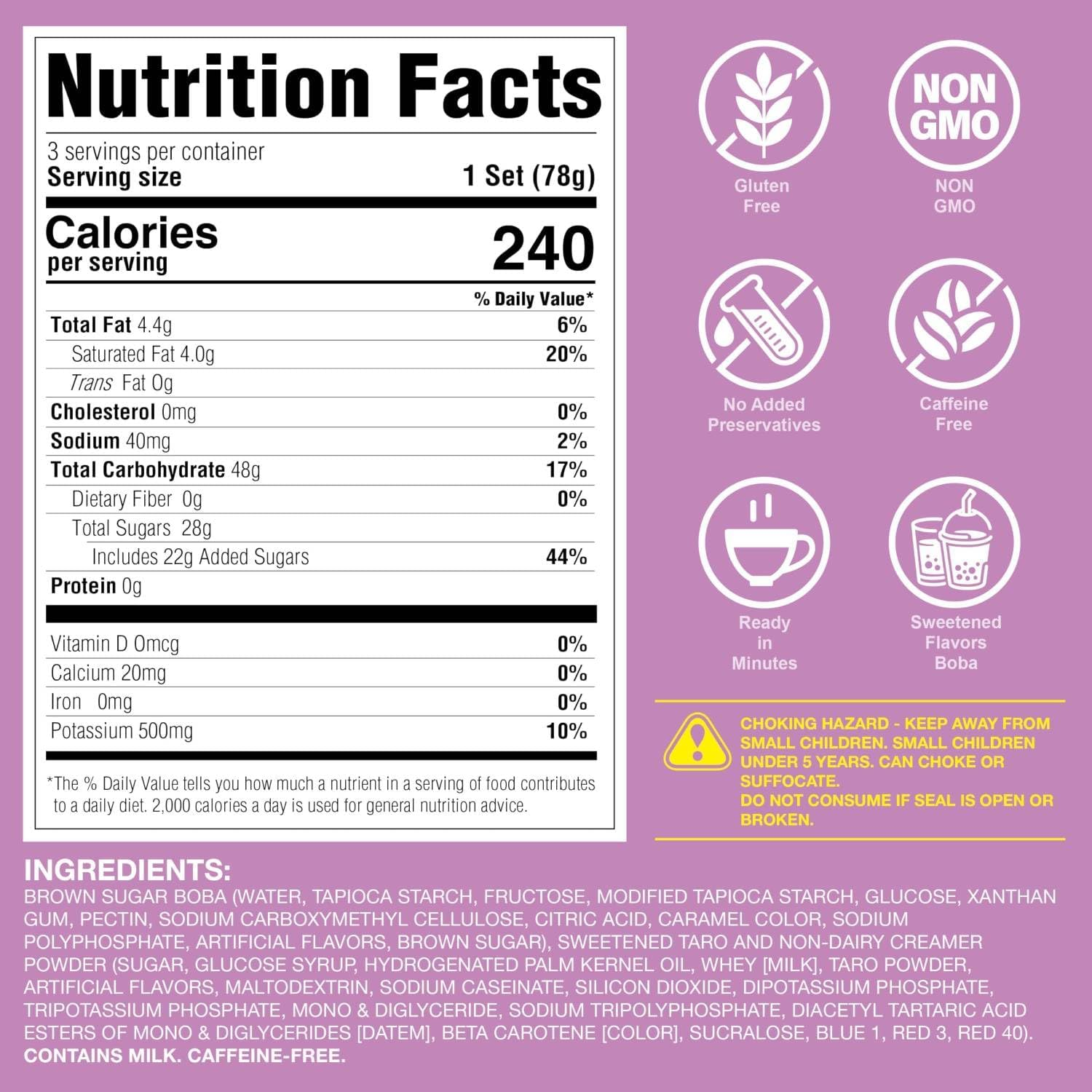 WAY Instant Boba Bubble Pearl Taro Tea Kit with Authentic Brown Sugar Tapioca Boba, Ready in under One Minute, Paper Straws Included - 3 Servings