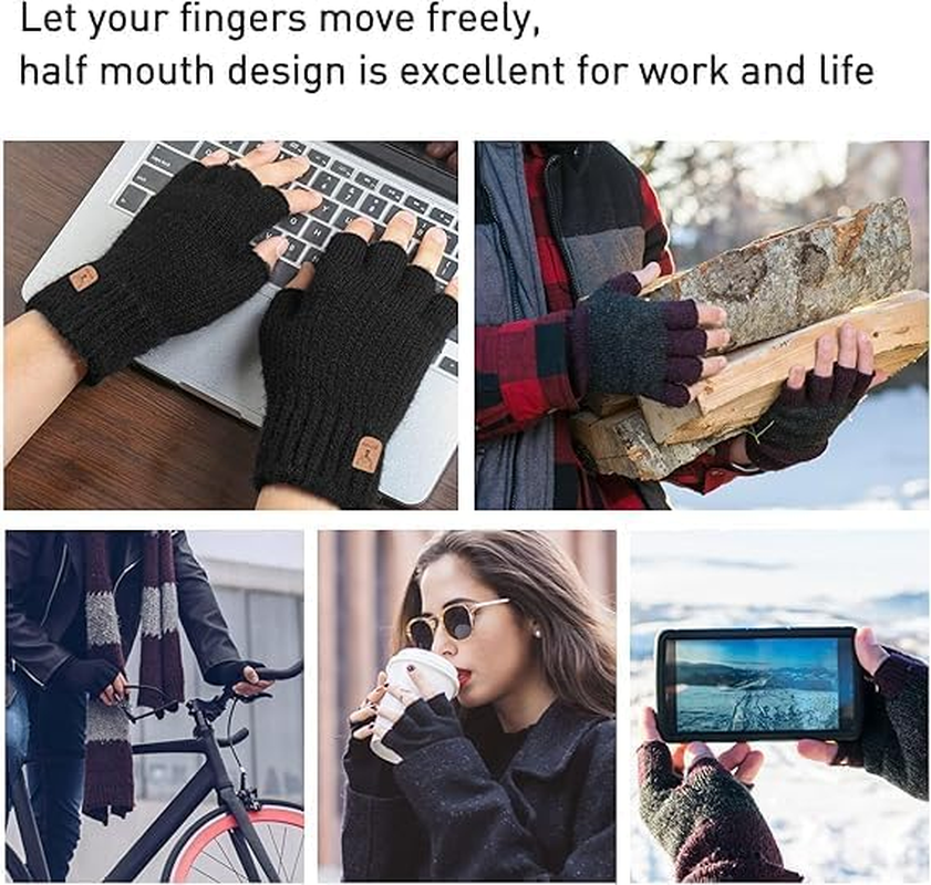 Fingerless Gloves 1 Pair Thermal Winter Gloves Warm Knitted Half Finger Gloves Mittens for Men Women Typing Driving Working (Black)