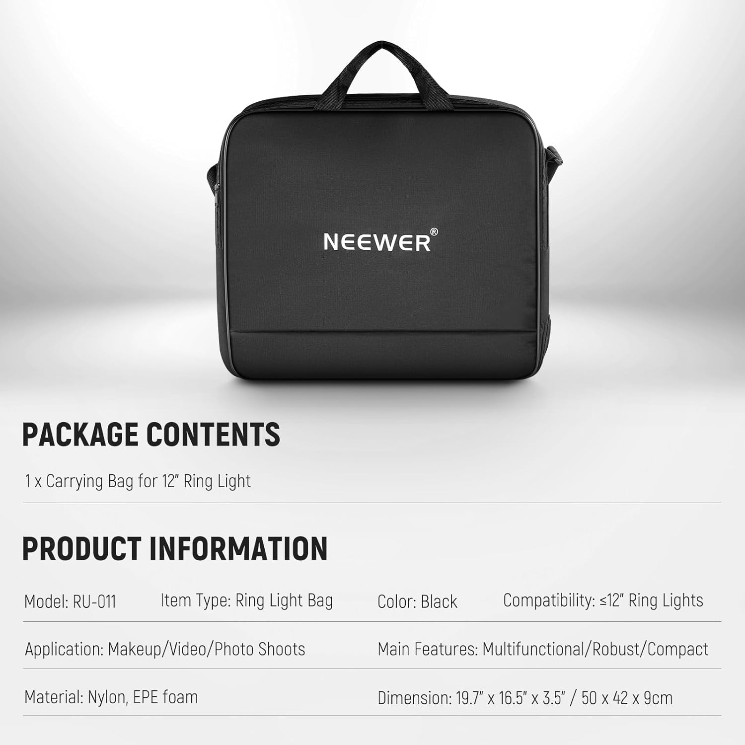 NEEWER 12" Ring Light Carrying Bag for RH12B RH12C RH10B RH8B, 19.7"X16.5"/50X42Cm Portable Protective Nylon Travel Case with Separate Section for Folded Light Stand Tripod up to 19.7"/50Cm, RU-011 image number 4