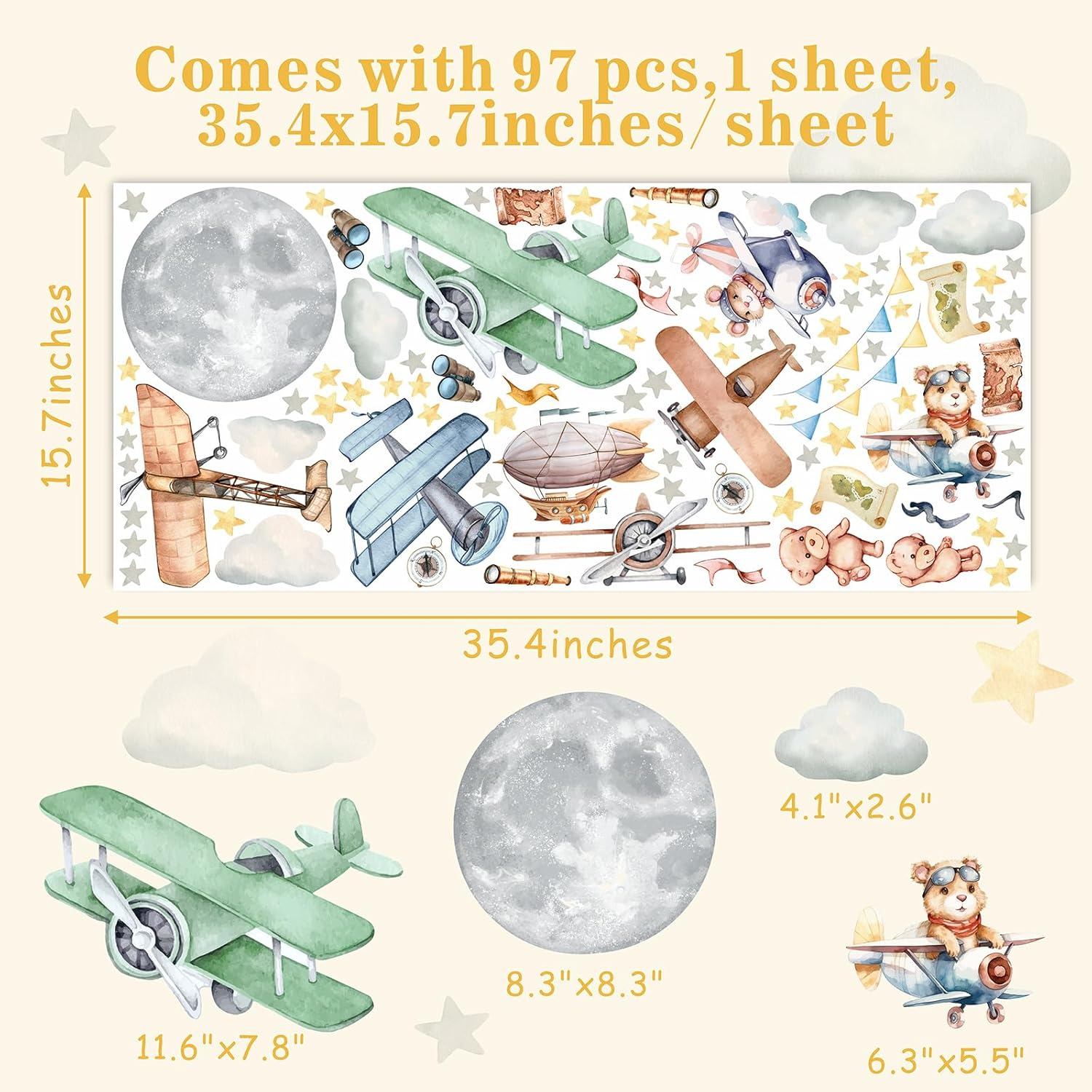 Vintage Airplane Wall Decals Cartoon Aircraft Balloon Animal Wall Stickers Moon Star Cloud Fabric Wall Stickers Cute Helicopter Watercolor Plane Wall Decals for Boys Room Kids Bedroom Nursery Decor image number 2