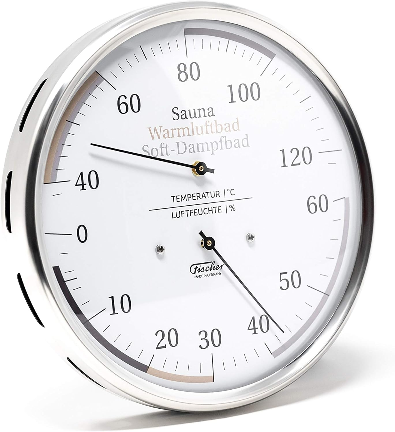 Fischer 184.01 Sauna Universal Thermohygrometer - 130 Mm Hair Hygrometer and Bimetal Thermometer Stainless Steel Made in Germany image number 3