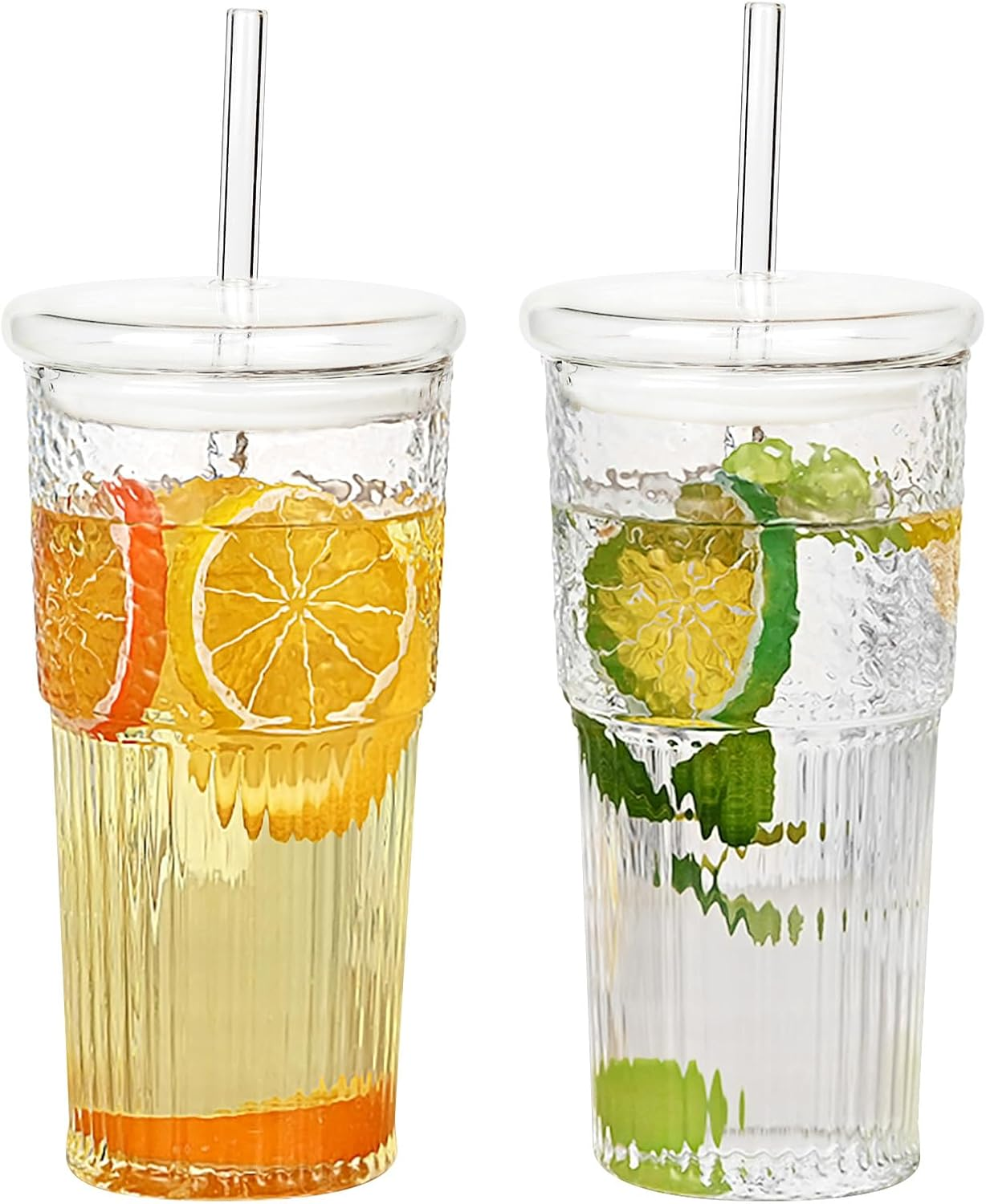 GOSCHE Glass Cups with Lids and Straws, 20Oz Glass Cups Drinking Jar, Clear Iced Coffee Cups, Vintage Ripple Glass Tumbler for Water Coffee Tea, Clear, 2Pcs image number 3