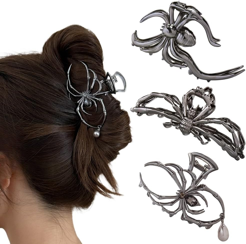 Rauimour Halloween 3PCS Spider Hair Claw Clips Hair Accessories for Women Girls, Gothic Black Metal with Pearl Charms Large Medium Size Catch Clips for Thick Hair Styling Tool Holiday Gifts(Black Gun) image number 4