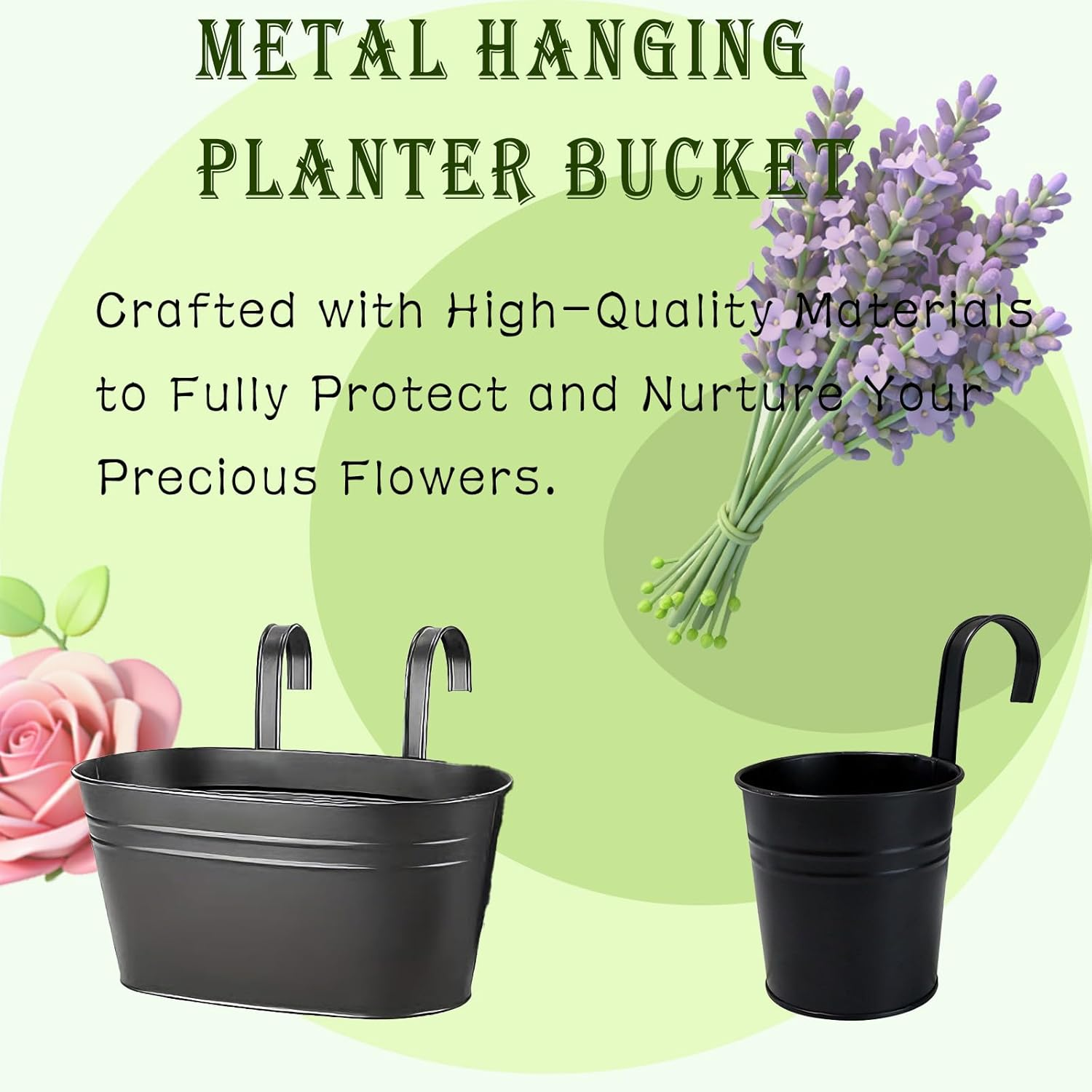 10.5 Inch Rust-Resistant Iron Suspended Planters with Railing Mount for Rustic Style Window Plant Holder Featuring Detachable Hooks, Easy to Install for Patio and Garden, 10.5 Inch, Black, 5 Pack image number 1