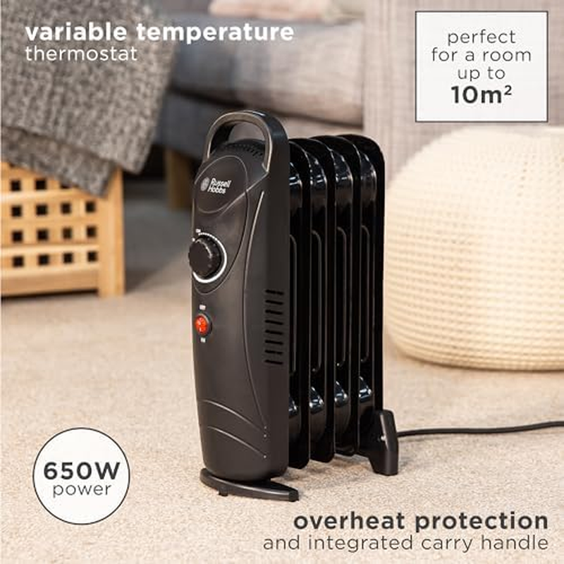 Russell Hobbs 650W Oil Heater, 5 Fin Portable Electric Heater, Black, Adjustable Thermostat, Safety Cut, Area 10M2, RHOFR3001 image number 6