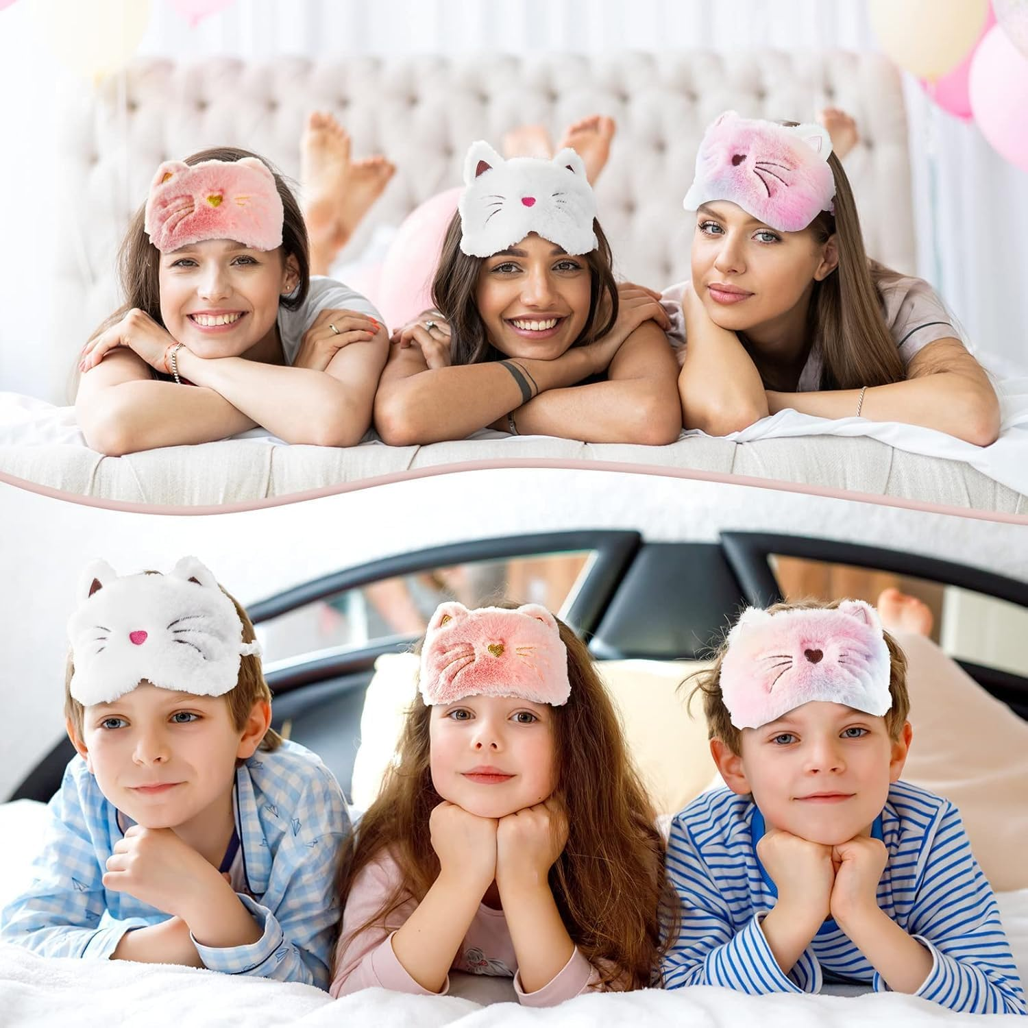 Kids Sleep Eye Mask - Plush Animal Sleeping Eye Cover, 3 Pcs Soft Funny Blindfold, White, Pink, Rainbow, Cat Style