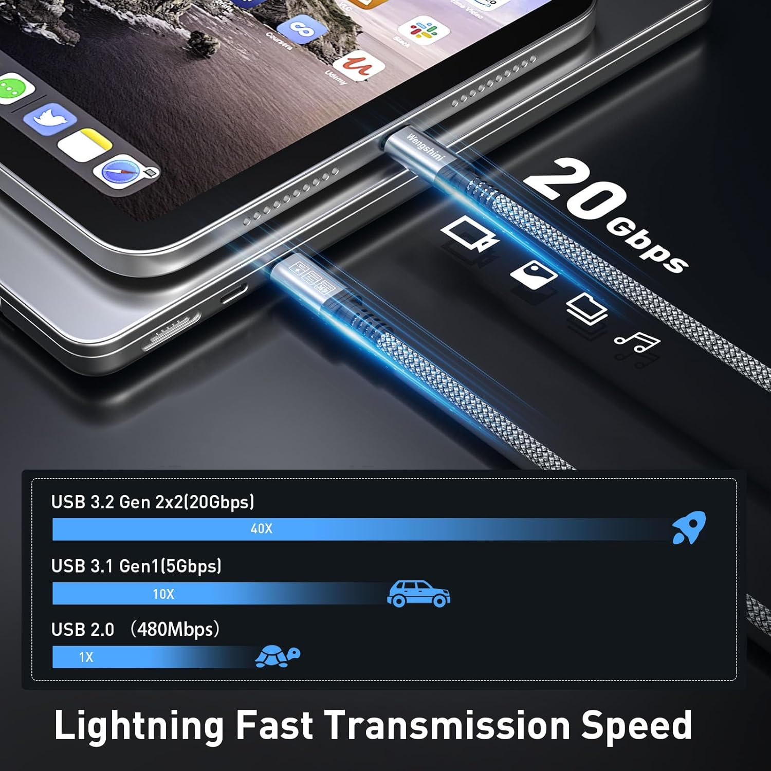 Wengshini USB C to USB C Cable 2M,240W/20Gbps USB C 3.2 Gen2 X 2 Data Cable, 4K@60HZ Video Transmission Video Transmission for Laptop, Mobile Phone, Steam Deck, Tablet, SSD, Monitor Etc. image number 4