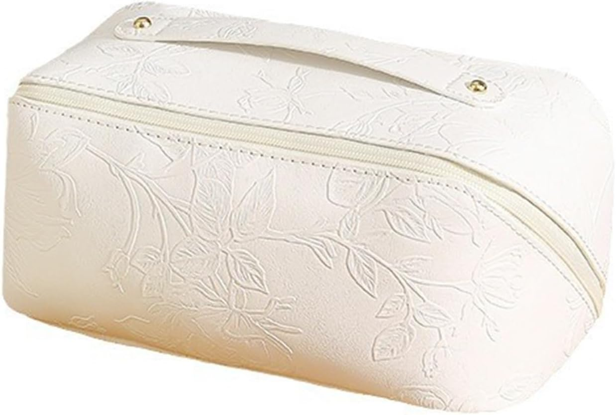 Travel Makeup Bags Cosmetic Organizer Bag,Large Capacity PU Leather Toiletry Bag for Women - Wide Open Portable Pouch with Divider & Handle (Black)