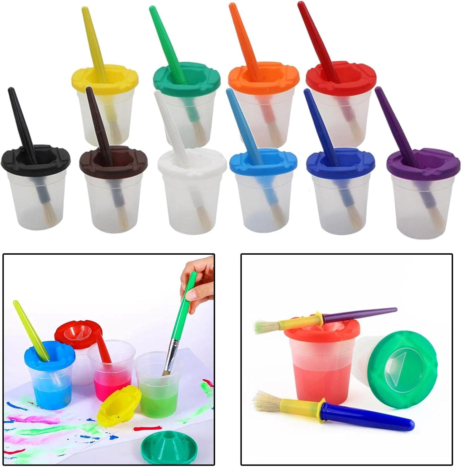 10 Pieces Spill Proof Paint Cups with Paint Brushes with Lids for Kids Toddler Painting Tools Brushes for Watercolor, Tempera, Washable, Acrylic, Crafts