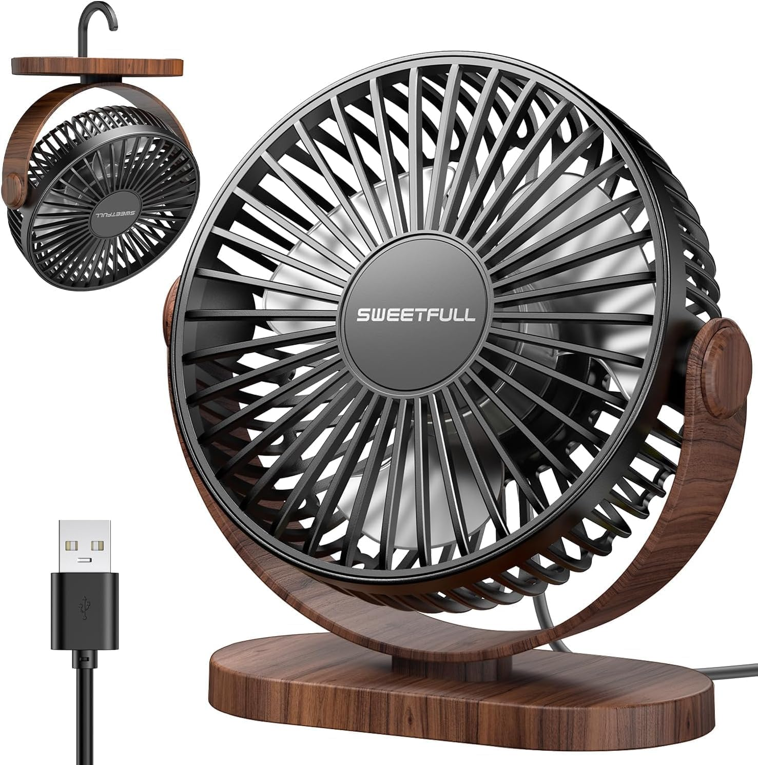 SWEETFULL Desk Fan, Small USB Fan Quiet, 3 Speed Portable Table Fan, 360&deg; Adjustable Personal Desktop Fan with Wood-Pattern for Bedroom Office, Summer Gifts for Friends and Family, Black