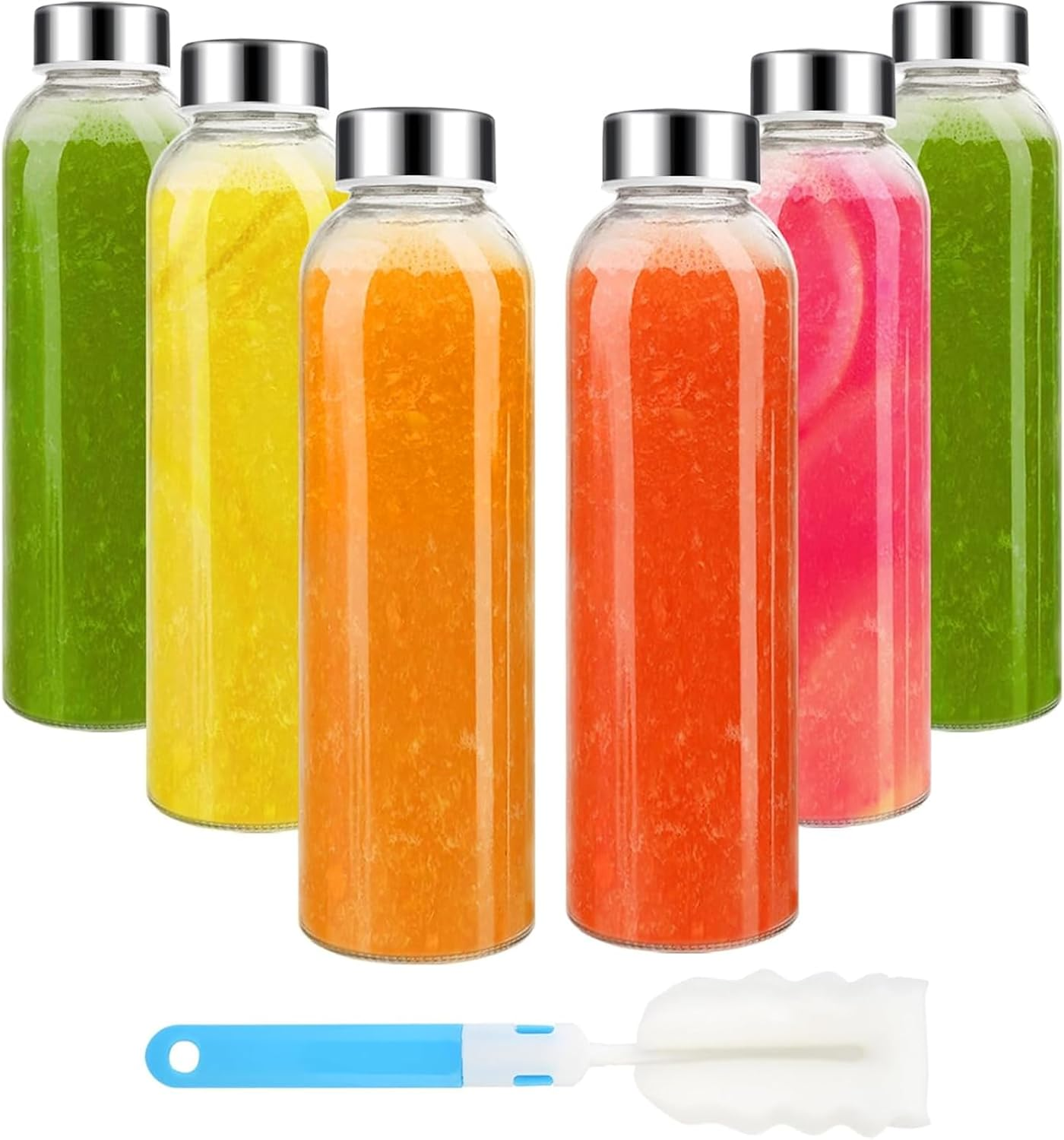 Glass Water Bottle - Reusable with Cleaning Brush,6Pcs 18Oz BPA Free, Leak Proof Drinking Juice Bottles with Stainless Steel Lid - Clear Glass Water Bottle for Home, Office, Gym & Outdoors