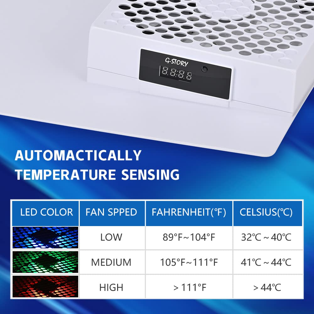 G-Story PS5 Cooling Fan,Ps5 Cooler System, Fan Speed Automactically Adjusted by Temperature(℃/℉), Low Noise, 3 Speed 1500/1750/2000RPM (140MM) with RGB LED (White) image number 2