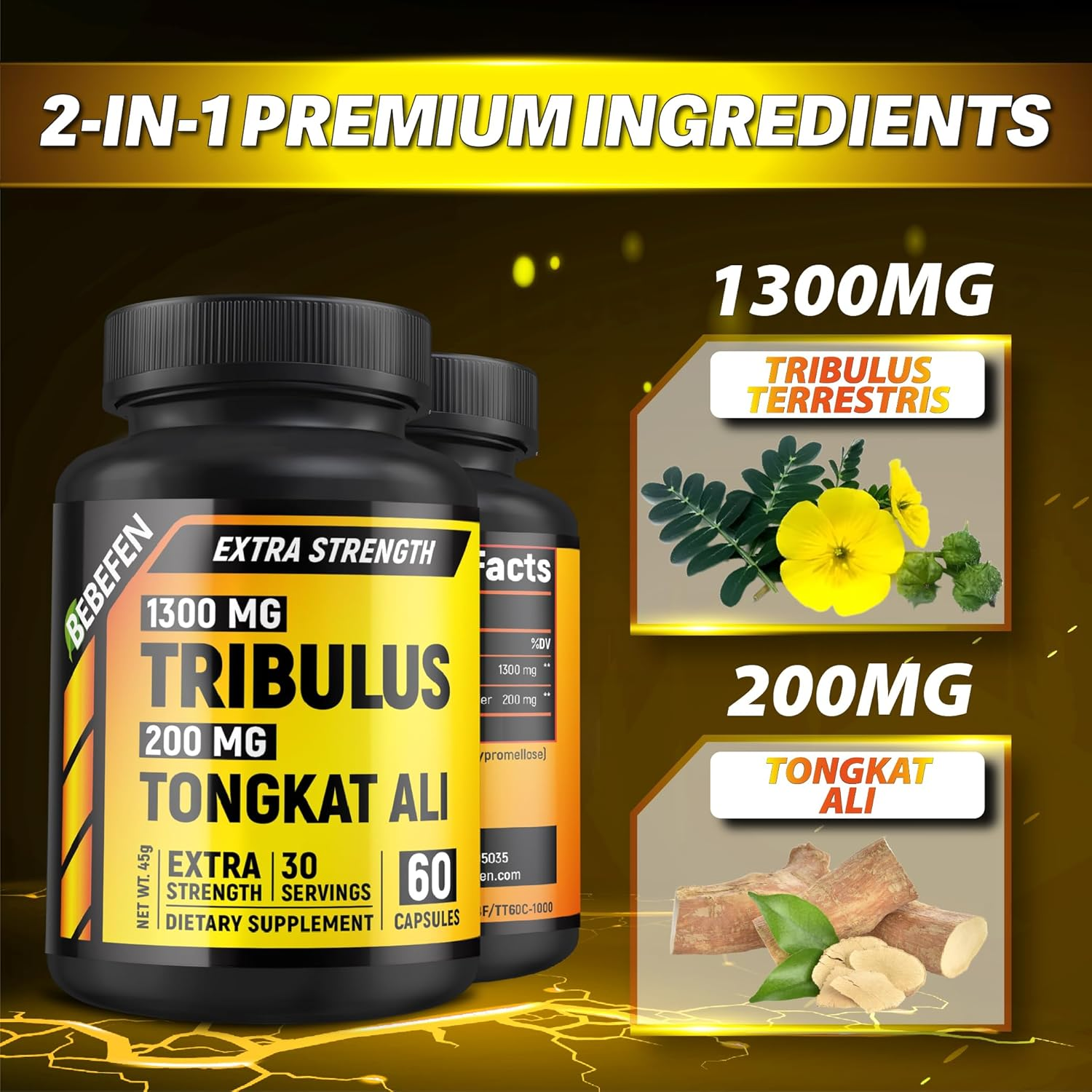 Tribulus Terrestris and Tongkat Ali Capsules - Tribulus Enhanced with Tongkat Ali Extract Supplement for Men - Zero Fillers - Non-Gmo (60 Capsules) image number 3