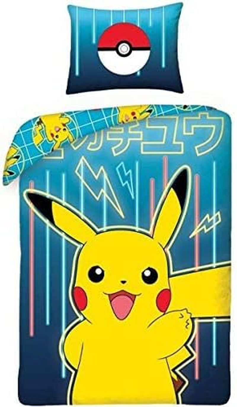 Halantex Bed Linen Set Pokemon Picachu Yellow Blue, 2 Pieces Set. 140X200 Cm + 1 Pillowcase. 100% Cotton Oeko-Tex
