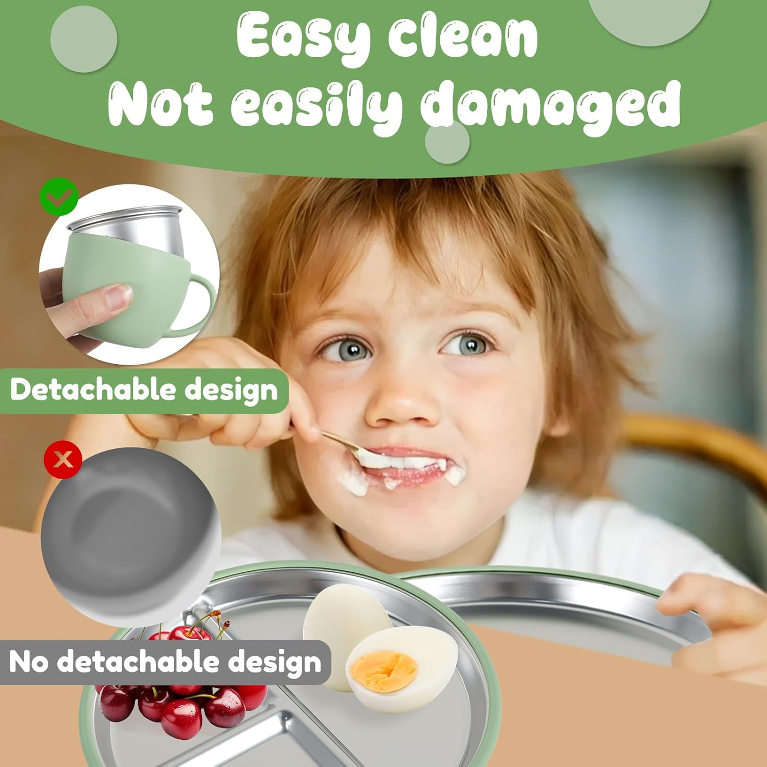 Awobepl 6Pcs Stainless Steel Suction Plate Firm Adhesion Utensils with 4 Silicone Suction Cup anti Drop for Children (Light Green) - Light Green image number 5