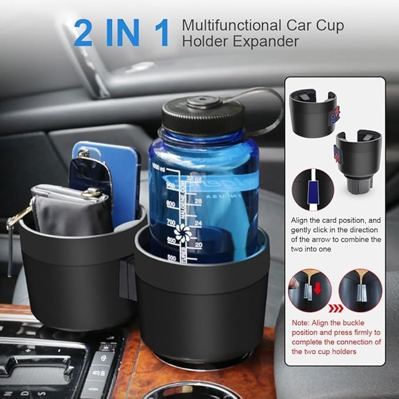 2-In-1 Multi-Functional Car Cup Holder Extender, Expandable Base Cup Holder Organizer, Adjustable Base, Suitable for Beverages/Phones/Wallets, Universal for Cars/Trucks/Golf Carts