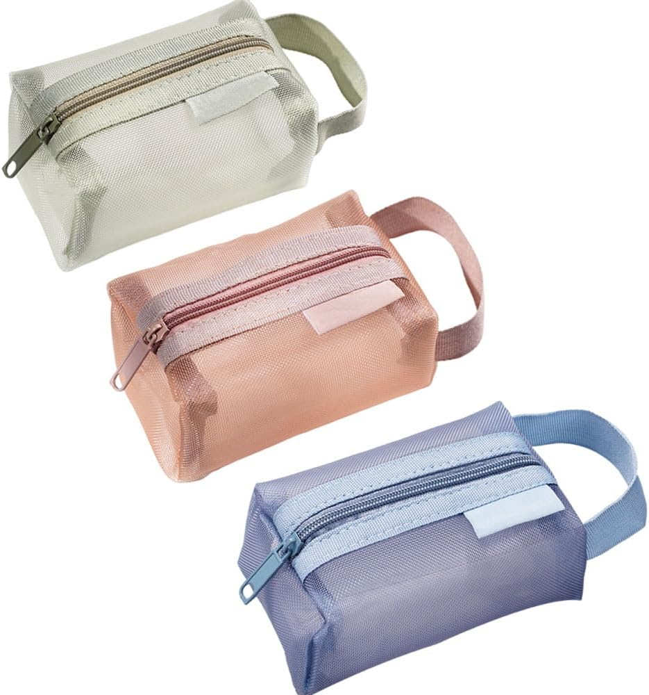 3Pcs Portable Square Mesh Storage Bag, Zippered Cosmetic Bag, Small Coin Purse Travel Carry Pouch (Red+Brown+Dark Blue)