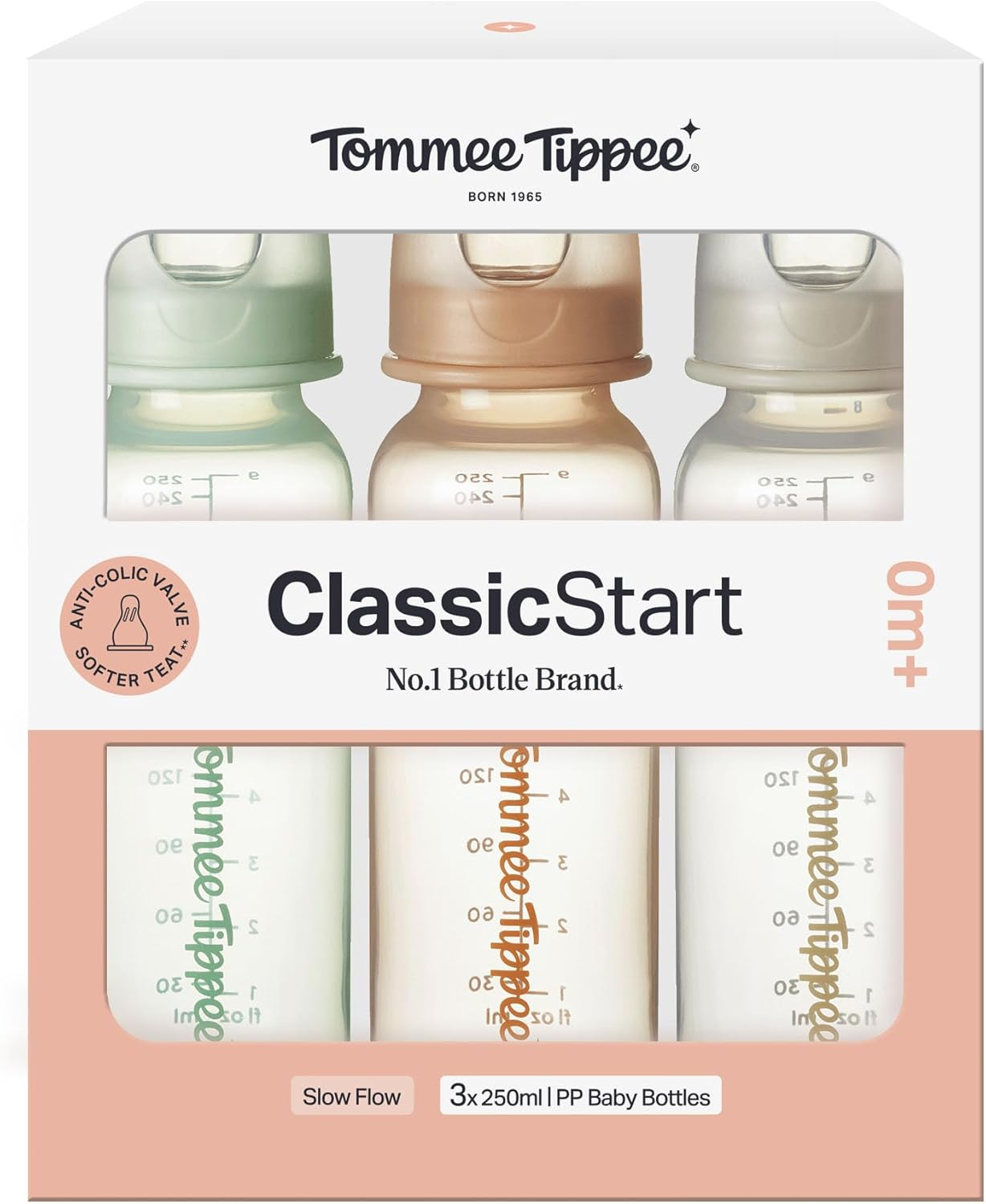 Tommee Tippee Classic Start Baby Bottles, 0M+, Silicone Slow Flow Teat, Anti-Colic Valve, Green/Brown/Grey, 250Ml, Narrow Neck, 3 Pack, Dishwasher Safe image number 4