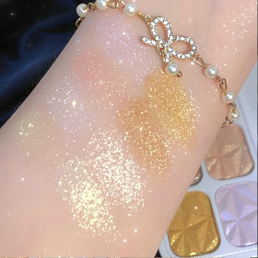 8 Colors Highlight Eyeshadow Palette,Sparkle Highlighter Shiny Eye Shadow Plate Pigmented Glitter Eyeshadow Professional Makeup (Highlighter) image number 2