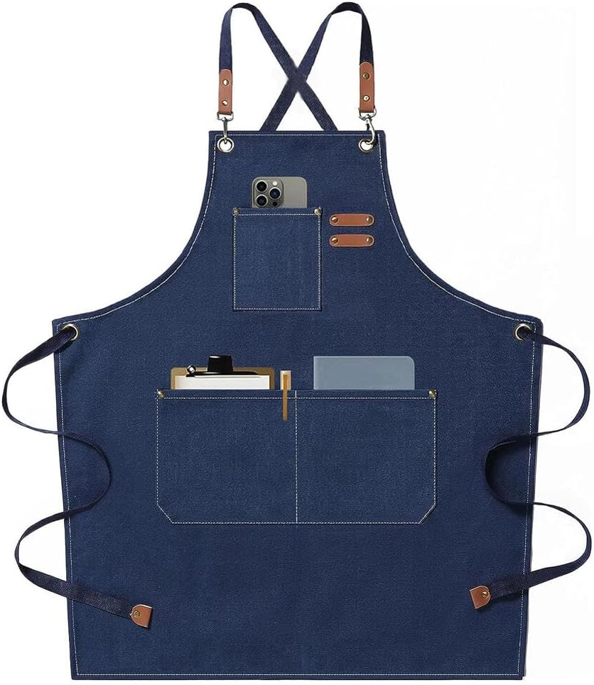 Dolemay Chef Aprons for Men Women,Cotton Canvas Cross Back Apron with Large Pockets & Adjustable Straps Kitchen Cooking Aprons Water-Resistant for BBQ Work Painting Kitchen Gardener Chef Baking