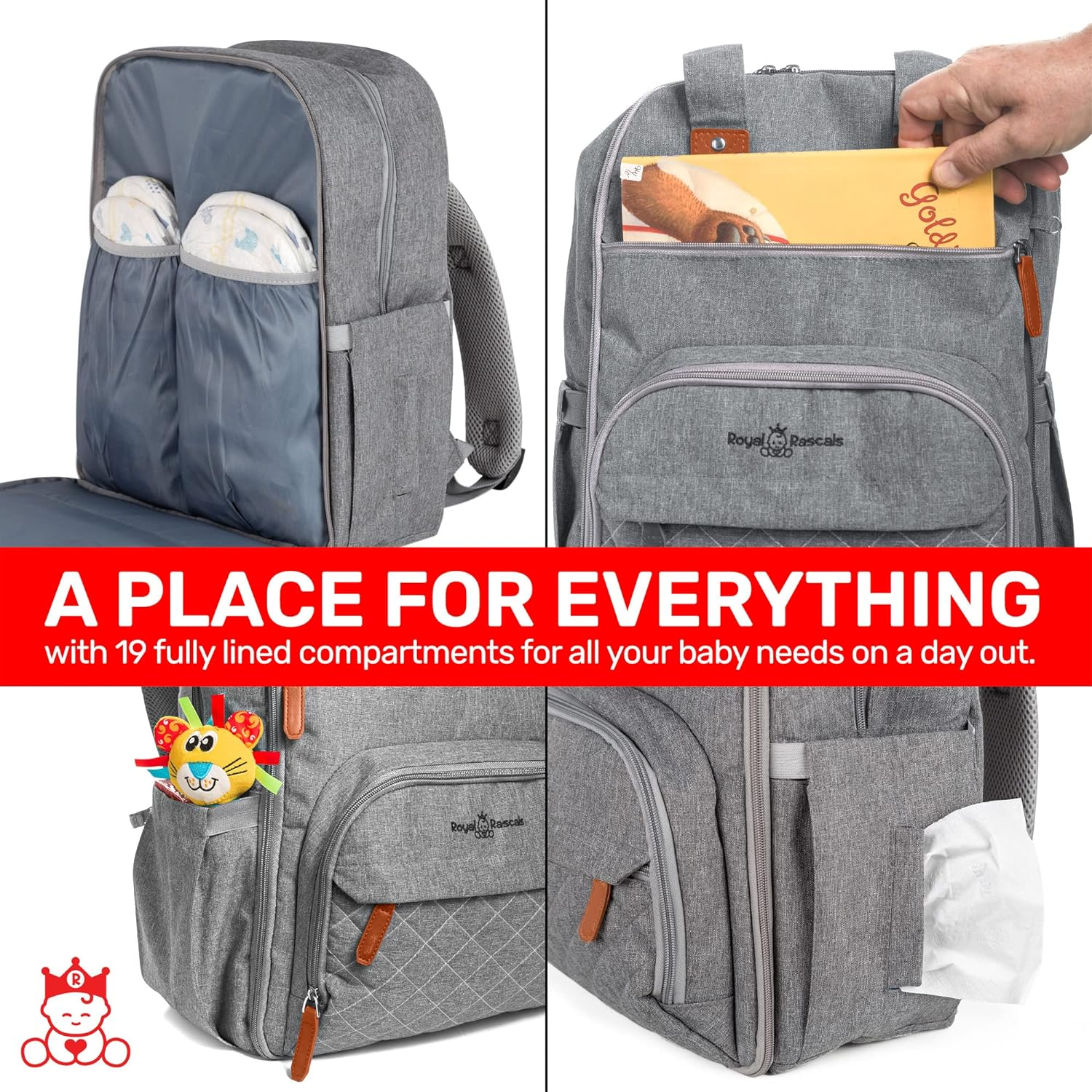 Royal Rascals Baby Changing Bag Backpack, Nappy Bag Backpack for Mum & Dad, Diaper Bag, Baby Bag - Stores Nappies, Bottles, Wipes Dispenser & More - Includes Portable Baby Changing Mat image number 3