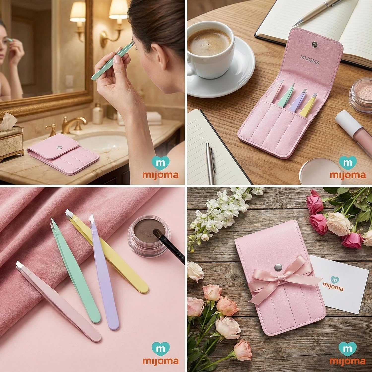 MIJOMA Tweezers Set of 4 - Stainless Steel Pastel Tweezers with PU Case - Assorted Tip Shapes for Precision & Cosmetics - Ideal for Eyebrows & Grooming image number 2