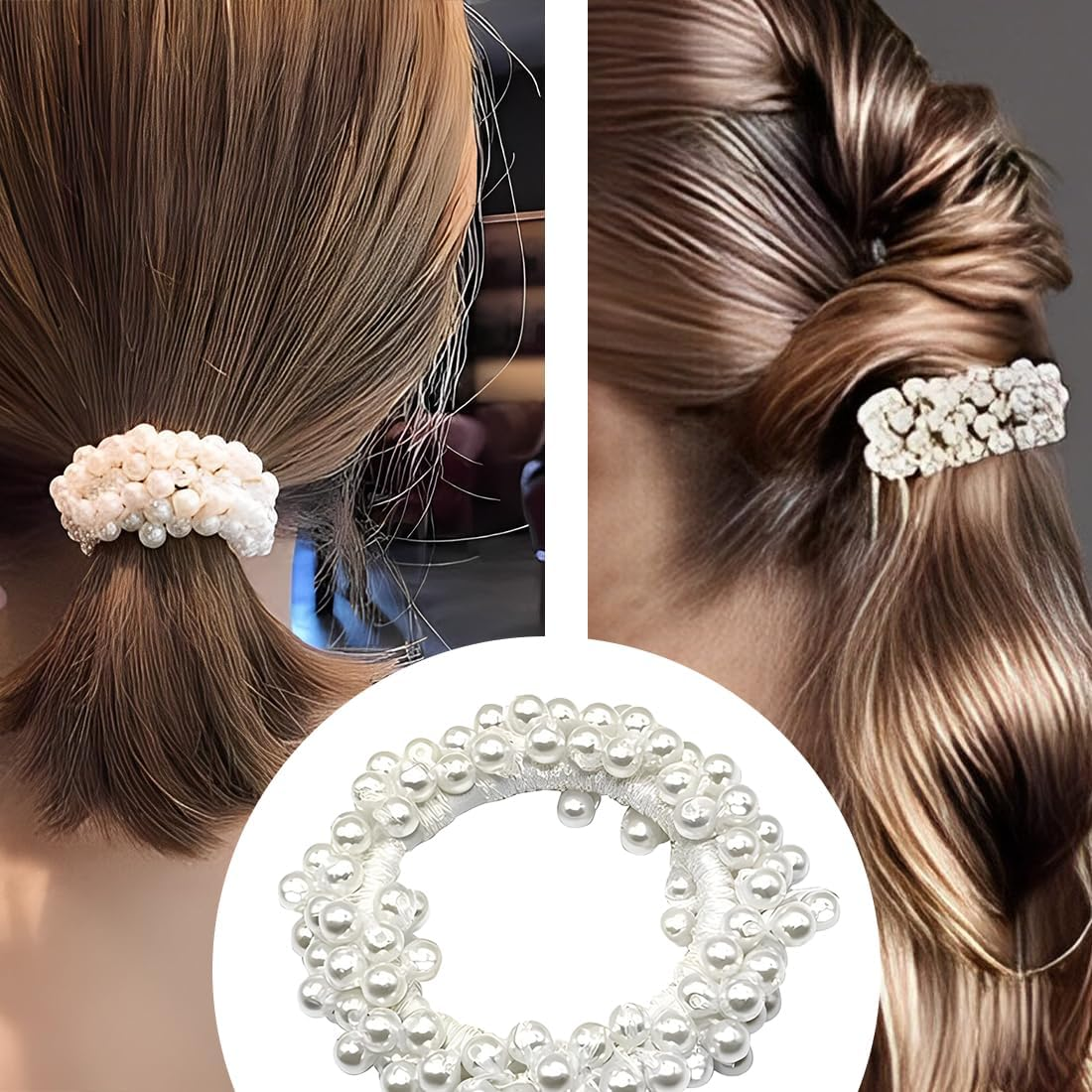 BIRLOZA Pack of 2 Scrunchies Hair Bobbles White Pearls Hair Scrunchies Women'S Elastic Scrunchies Girls Hair Accessories Headpiece image number 2