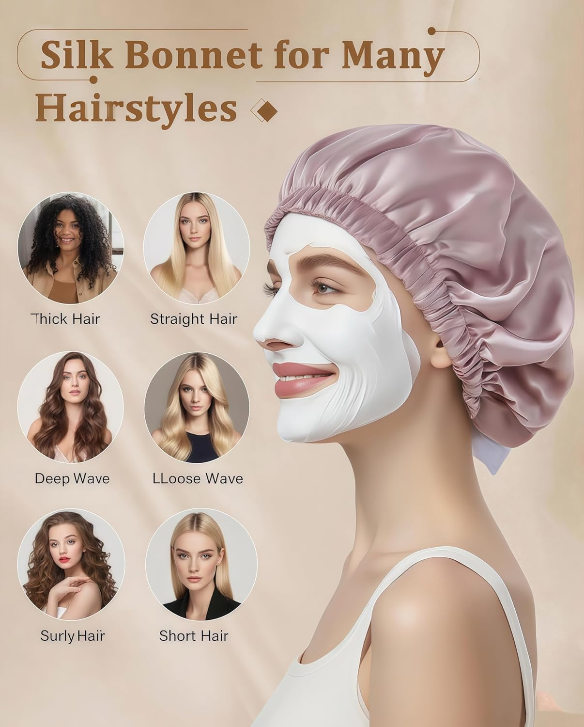 100% Mulberry Silk Bonnet for Sleeping, Double Layered 22 Momme Silk Hair Wrap with Adjustable Elastic Band, Soft & Breathable Pure Silky Hair Bonnet Reduce Frizz (Bean Paste) - Bean Paste image number 2