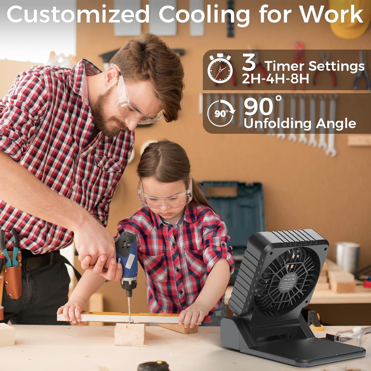 KITWLEMEN Solar Camping Fan with Lantern - Rechargeable Battery Operated Fan, 18H Run Time Max, 4 Speeds, 8H Timer, 90&deg; Adjustable Portable Desk Fan for Hurricane, Power Outage, Outdoor image number 5